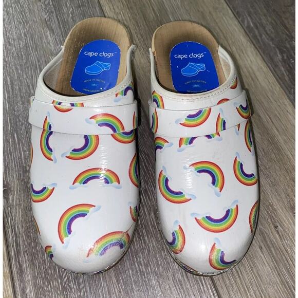 Swedish Wooden Cape Clogs Slip On Mule White Leather Rainbow Women’s US Size 6 - Picture 4 of 8